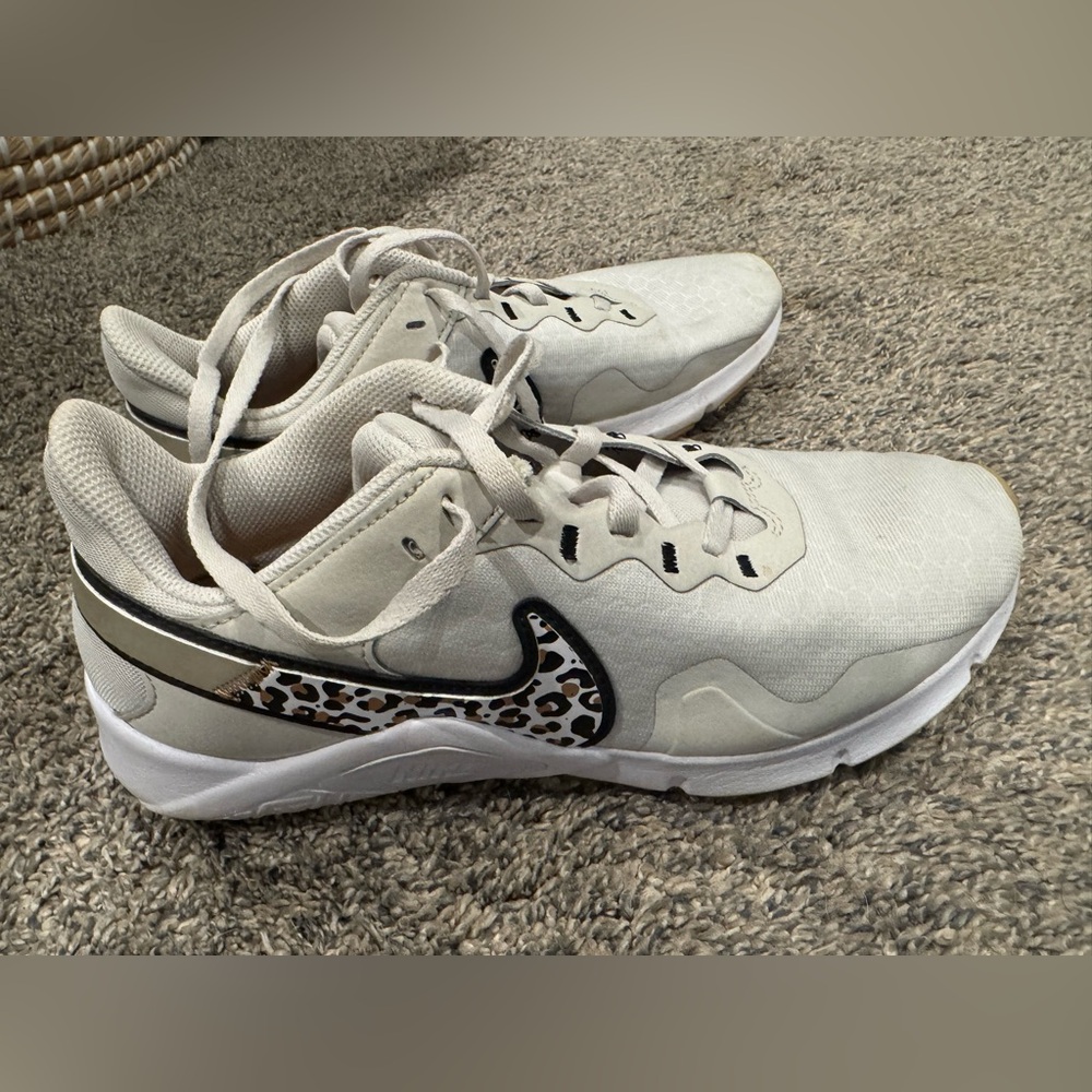 Stylish Cream Sneakers with Leopard Print Nike Swoosh